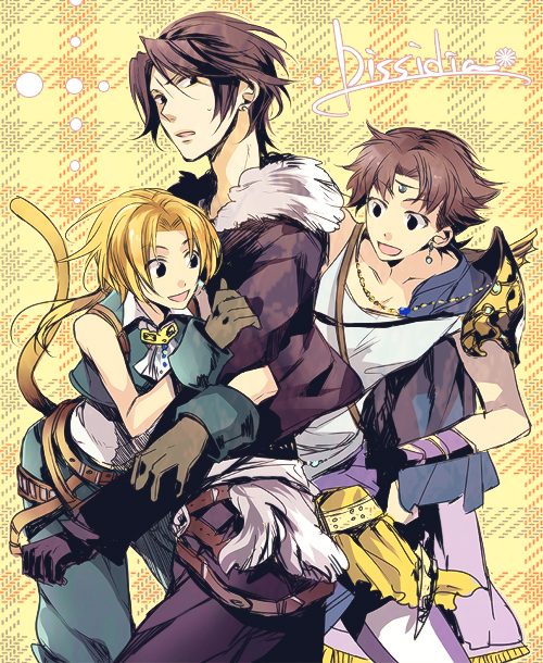 bartz klauser, squall leonhart, zidane tribal, dissidia final fantasy, final fantasy, final fantasy ix, final fantasy v, final fantasy viii, 00s, 1990s (style), 3boys, belt, blonde hair, brown hair, earrings, gloves, jacket, jewelry, male focus, multiple boys, scar, tail