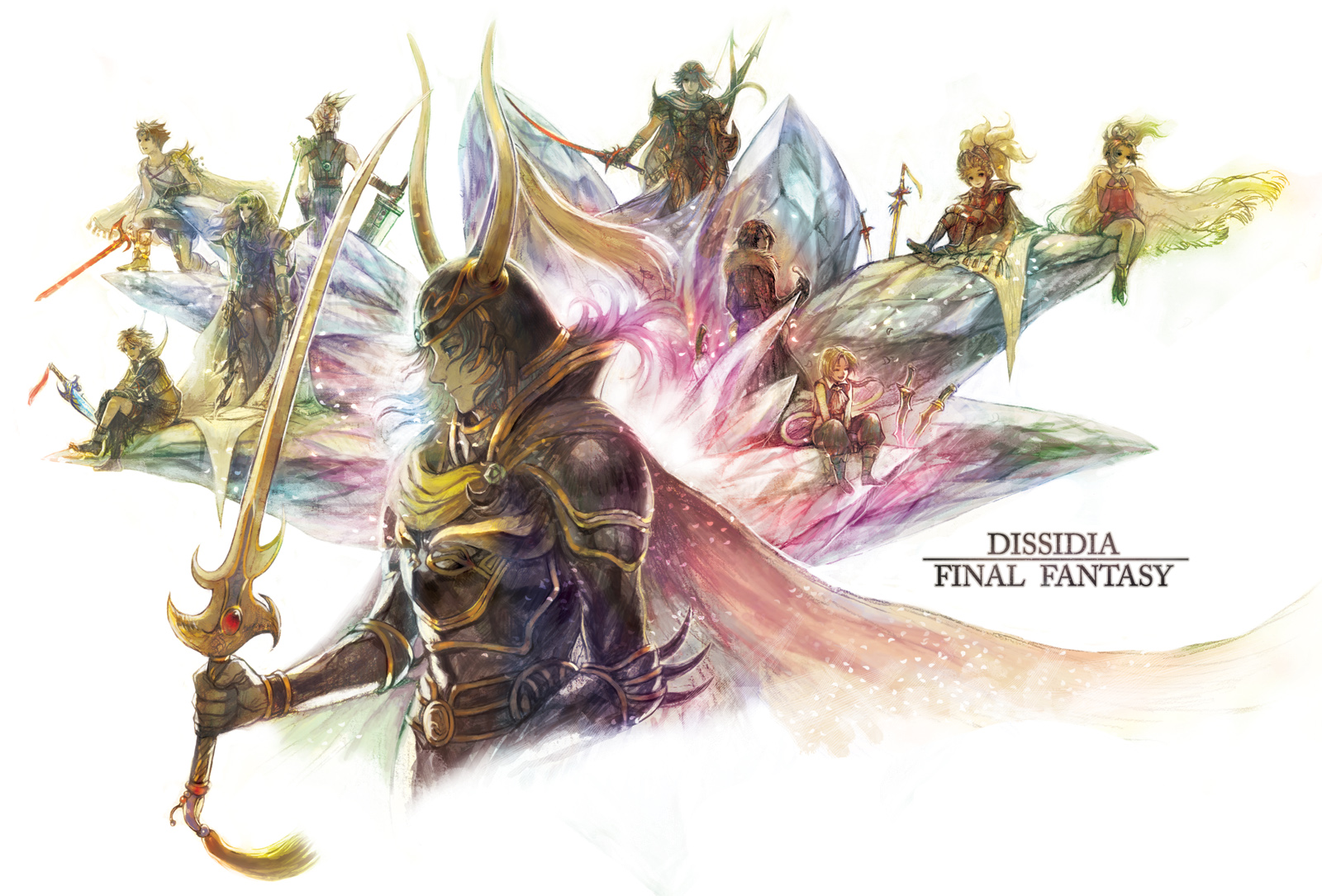 yuyayuyo, bartz klauser, cecil harvey, cloud strife, firion, onion knight, squall leonhart, tidus, tina branford, warrior of light (ff1), zidane tribal, dissidia final fantasy, final fantasy, final fantasy i, final fantasy ii, final fantasy iii, final fantasy iv, final fantasy ix, final fantasy v, final fantasy vi, final fantasy vii, final fantasy viii, final fantasy x, 1980s (style), highres, 00s, 1990s (style), 1girl, 6+boys, armor, buster sword, copyright name, crystal, everyone, in-franchise crossover, multiple boys, oldschool, pantyhose, retro artstyle, sword, weapon