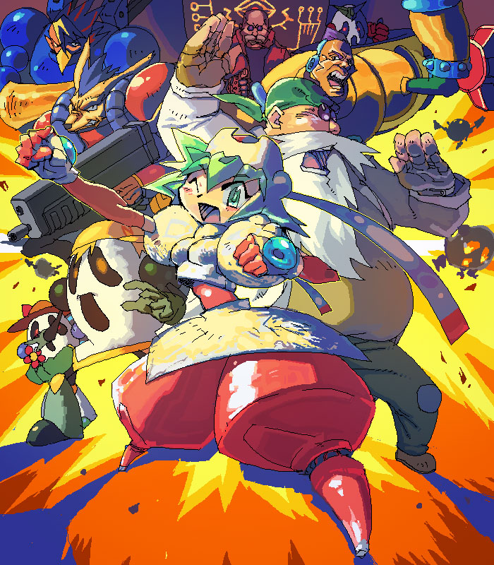 celes, emperor leo, lunar (yuke yuke!! trouble makers), marina liteyears, merco (yuke yuke!! trouble makers), professor theo, tarus (yuke yuke!! trouble makers), teran, game arts, yuke yuke!! trouble makers, 1girl, 5boys, android, armor, bandana, beard, clancer, everyone, facial hair, fingerless gloves, glasses, gloves, green eyes, green hair, gun, hat, headphones, multiple boys, mustache, oekaki, one eye closed, weapon, wink