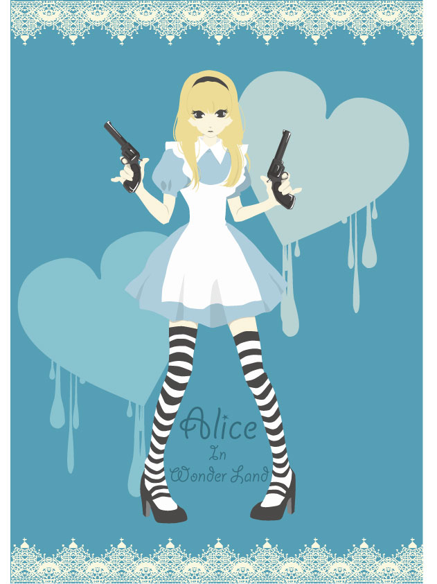 alice (alice in wonderland), alice's adventures in wonderland, apron, dress, gun, hairband, high heels, shoes, solo, striped clothes, striped thighhighs, thighhighs, weapon