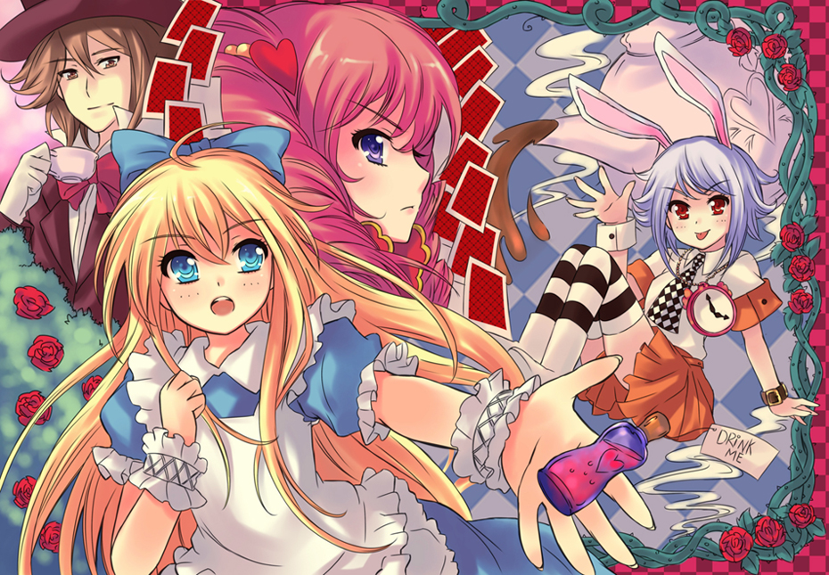 peach88, alice (alice in wonderland), mad hatter (alice in wonderland), queen of hearts (alice in wonderland), white rabbit (alice in wonderland), alice's adventures in wonderland, striped legwear, bad id, bad pixiv id, 1boy, 3girls, animal ears, apron, bottle, bow, card, dress, floating card, flower, frills, gathers, hair bow, hat, kneehighs, multiple girls, rabbit ears, rose, socks, striped clothes, striped thighhighs, teapot, thighhighs