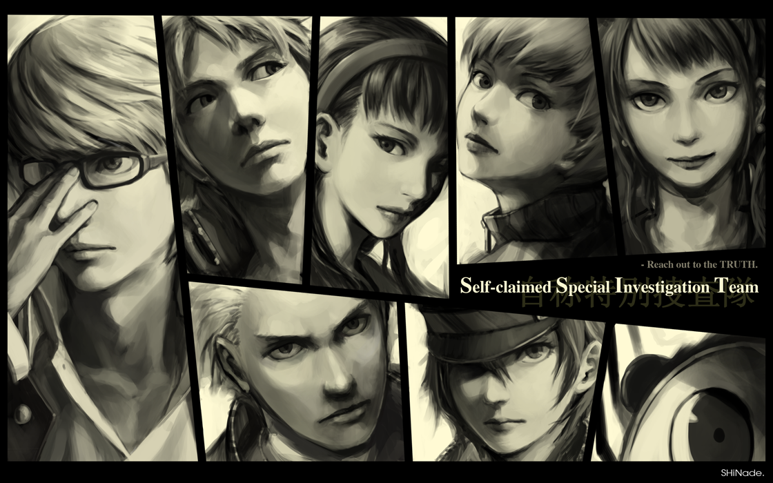 amado (shin), amagi yukiko, hanamura yousuke, kujikawa rise, kuma (persona 4), narukami yu, satonaka chie, shirogane naoto, tatsumi kanji, atlus, persona, persona 4, 3boys, 4girls, androgynous, english text, everyone, glasses, hairband, hat, headband, headphones, headphones around neck, jacket, long hair, monochrome, multiple boys, multiple girls, newsboy cap, realistic, reverse trap, sepia, short hair, track jacket