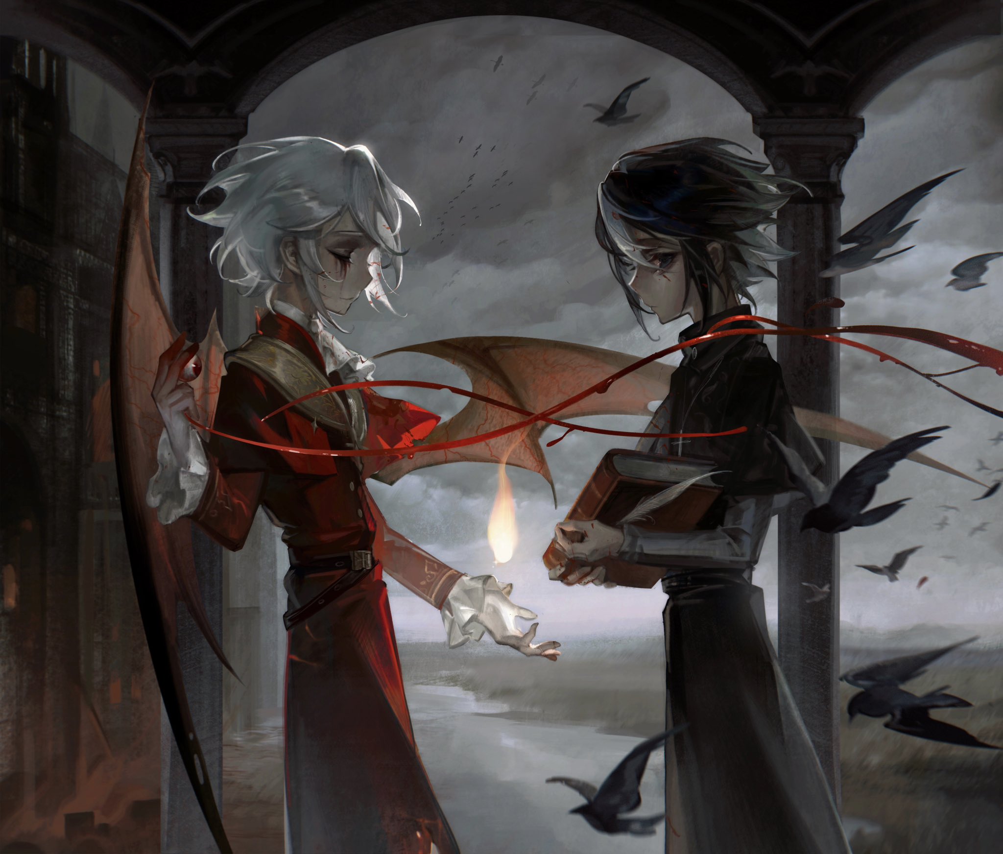 victor grantz, victor grantz (the embrace), identity v, highres, 0212tu, 2boys, backlighting, bird, black capelet, black hair, black robe, blue eyes, book, capelet, closed eyes, cloud, cloudy sky, crow, demon wings, feathers, fire, frilled sleeves, frills, frown, grey sky, holding, holding book, holding eyeball, lake, looking back, makeup, male focus, multicolored hair, multiple boys, pale skin, pillar, profile, red capelet, red eyes, red robe, robe, runny makeup, sky, smile, surreal, two-tone hair, veins, victor grantz (herald), white hair, white streaks, wings
