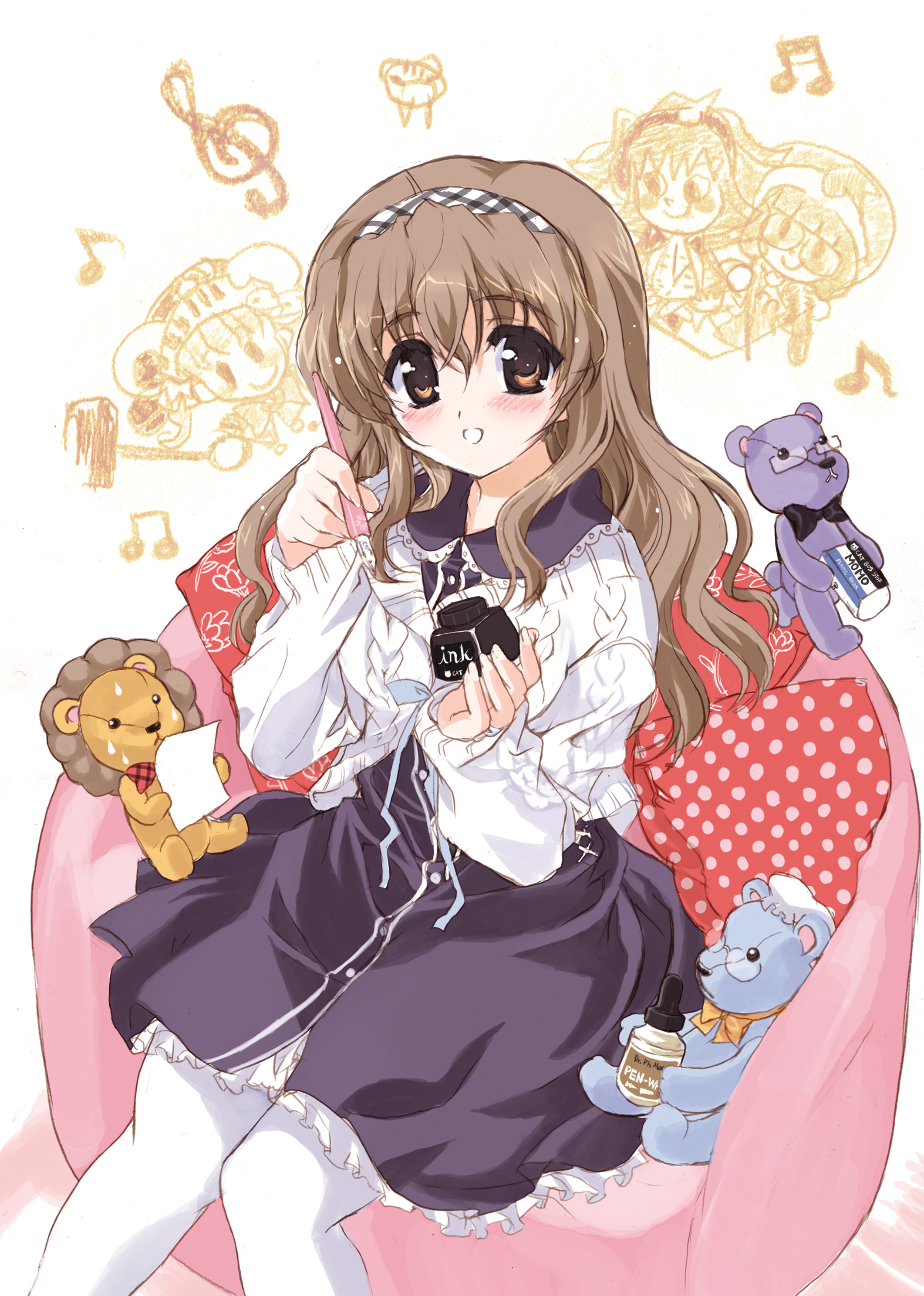 shaa, nogizaka haruka, nogizaka haruka no himitsu, tombow mono, absurdres, highres, 00s, 1girl, bass clef, beamed quavers, bears, blush, brown eyes, brown hair, doll, eraser, female focus, ink, lion, long hair, musical note, pantyhose, pen, quaver, sitting, solo, stuffed animal, stuffed toy, teddy bear, treble clef, white pantyhose