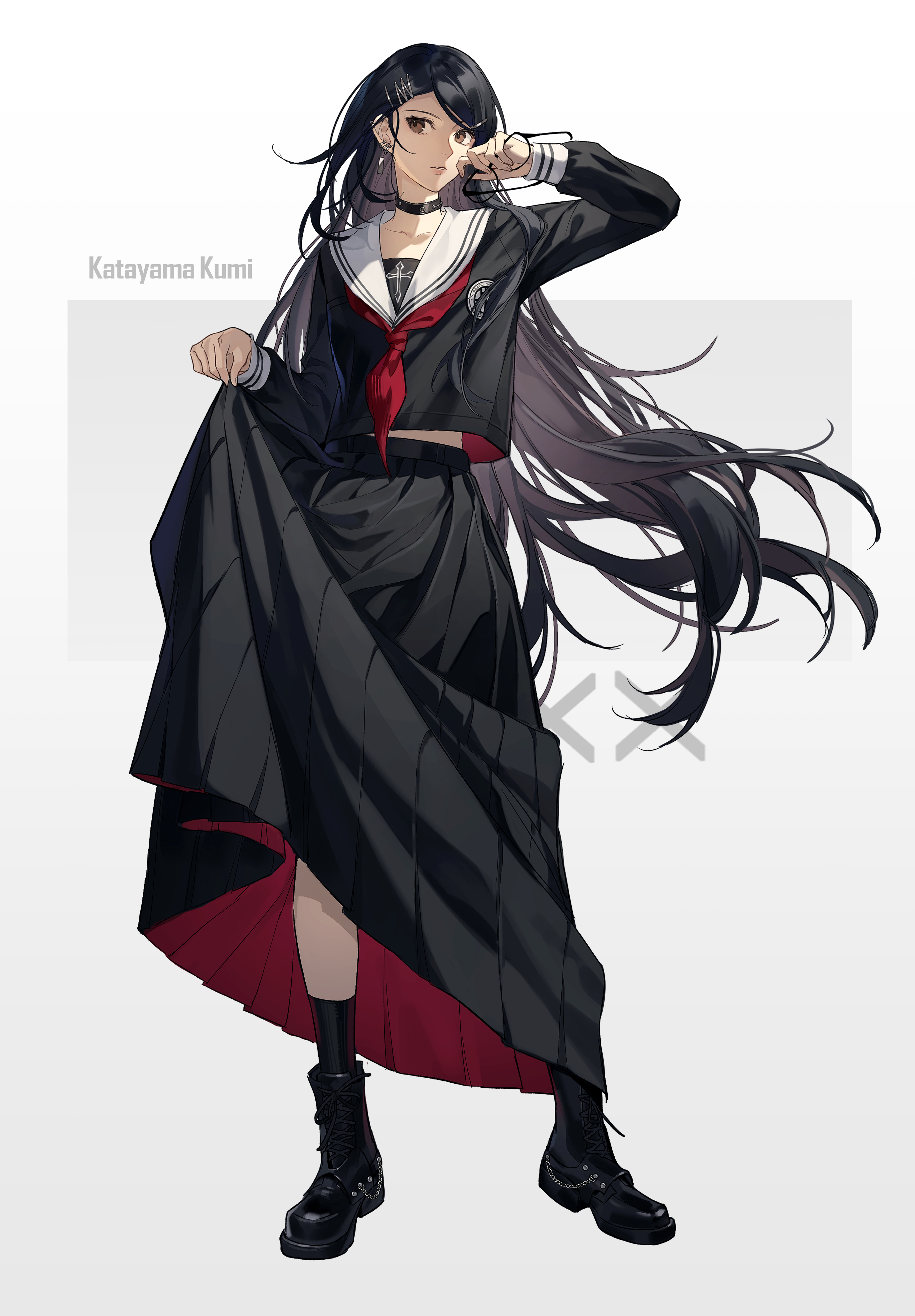 katayama kumi, persona, persona 5, persona 5: the phantom x, absurdres, commentary, highres, 1girl, alternate costume, alternate hair length, alternate hairstyle, black-framed eyewear, black boots, black choker, black hair, black serafuku, black shirt, black skirt, black socks, boots, brown eyes, character name, choker, clothes lift, cross, earrings, floating hair, full body, glasses, hair ornament, hairclip, holding, holding removed eyewear, iroin11, jewelry, long hair, long skirt, long sleeves, looking to the side, necktie, parted lips, red necktie, sailor collar, school uniform, serafuku, shirt, skirt, skirt lift, socks, solo, unworn eyewear, very long hair, white sailor collar
