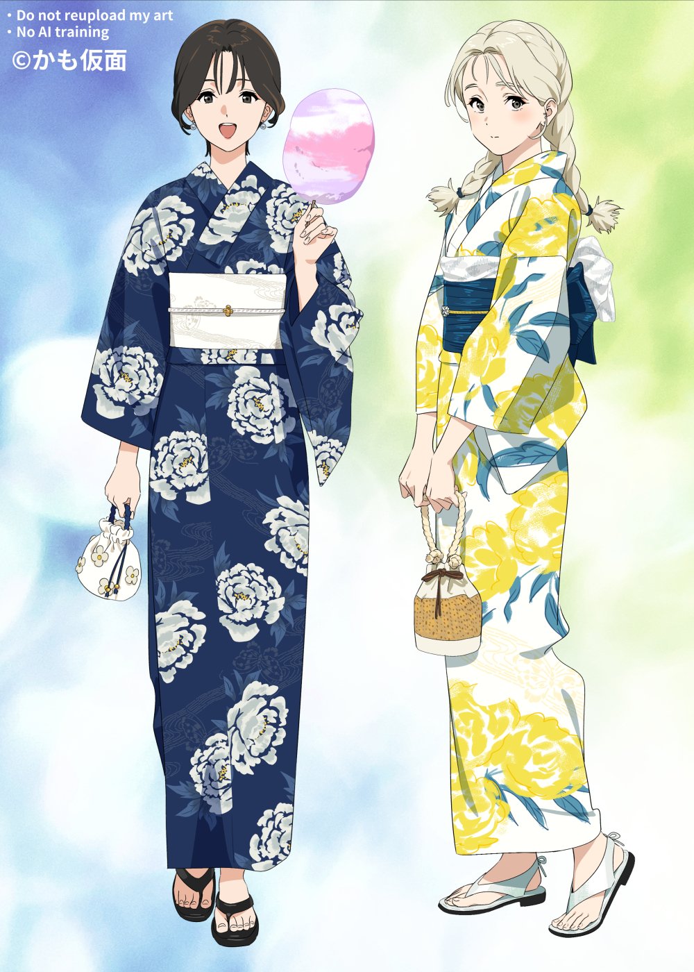 kamo kamen, original, commentary, highres, 2girls, black sandals, blonde hair, blue kimono, braid, brown hair, cotton candy, curtained hair, feet, fingernails, flip-flops, floral print, floral print kimono, full body, hair behind ear, holding kinchaku, japanese clothes, k (kamo kamen), kimono, kinchaku, looking at viewer, low twin braids, m (kamo kamen), multiple girls, obi, obijime, open mouth, pouch, print kimono, sandals, sash, short hair, simple background, straight-on, teeth, toenails, twin braids, twitter username, upper teeth only, white kimono, white sandals, yukata