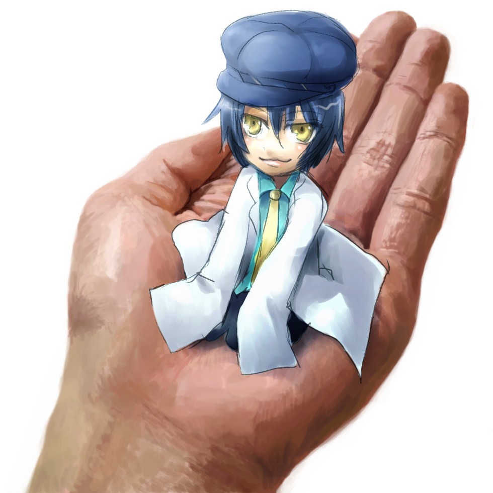 harald, negi hei, shadow (persona), shirogane naoto, atlus, persona, persona 4, 1girl, androgynous, blue hair, female focus, hat, in palm, kneeling, lab coat, mini person, minigirl, necktie, newsboy cap, oversized clothes, reverse trap, short hair, smile, solo, solo focus, yellow eyes