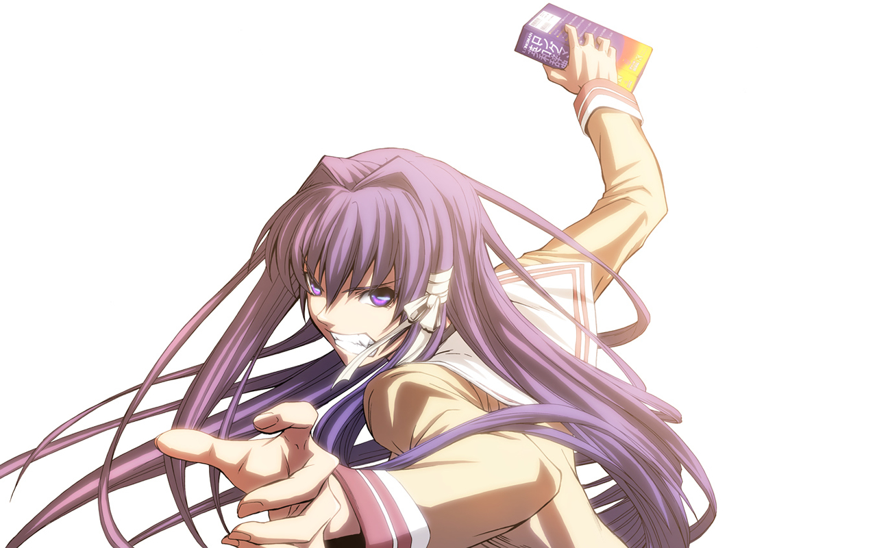 imizu (nitro unknown), fujibayashi kyou, clannad, bad id, bad pixiv id, 00s, 1girl, angry, female focus, long hair, purple eyes, purple hair, ribbon, school uniform, solo