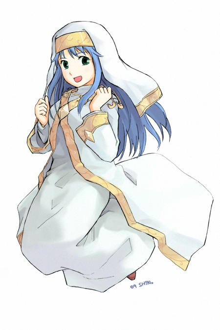 amado (shin), index (toaru majutsu no index), toaru majutsu no index, habit, bad id, bad pixiv id, 00s, blue hair, green eyes, hat, long hair, nun, oversized clothes, robe, safety pin, solo