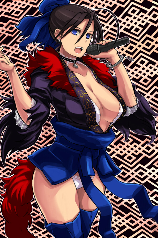 shoohee, sangokushi taisen, 1girl, black hair, blue eyes, breasts, choker, female focus, large breasts, microphone, panties, solo, thighhighs, thighs, underwear, white panties