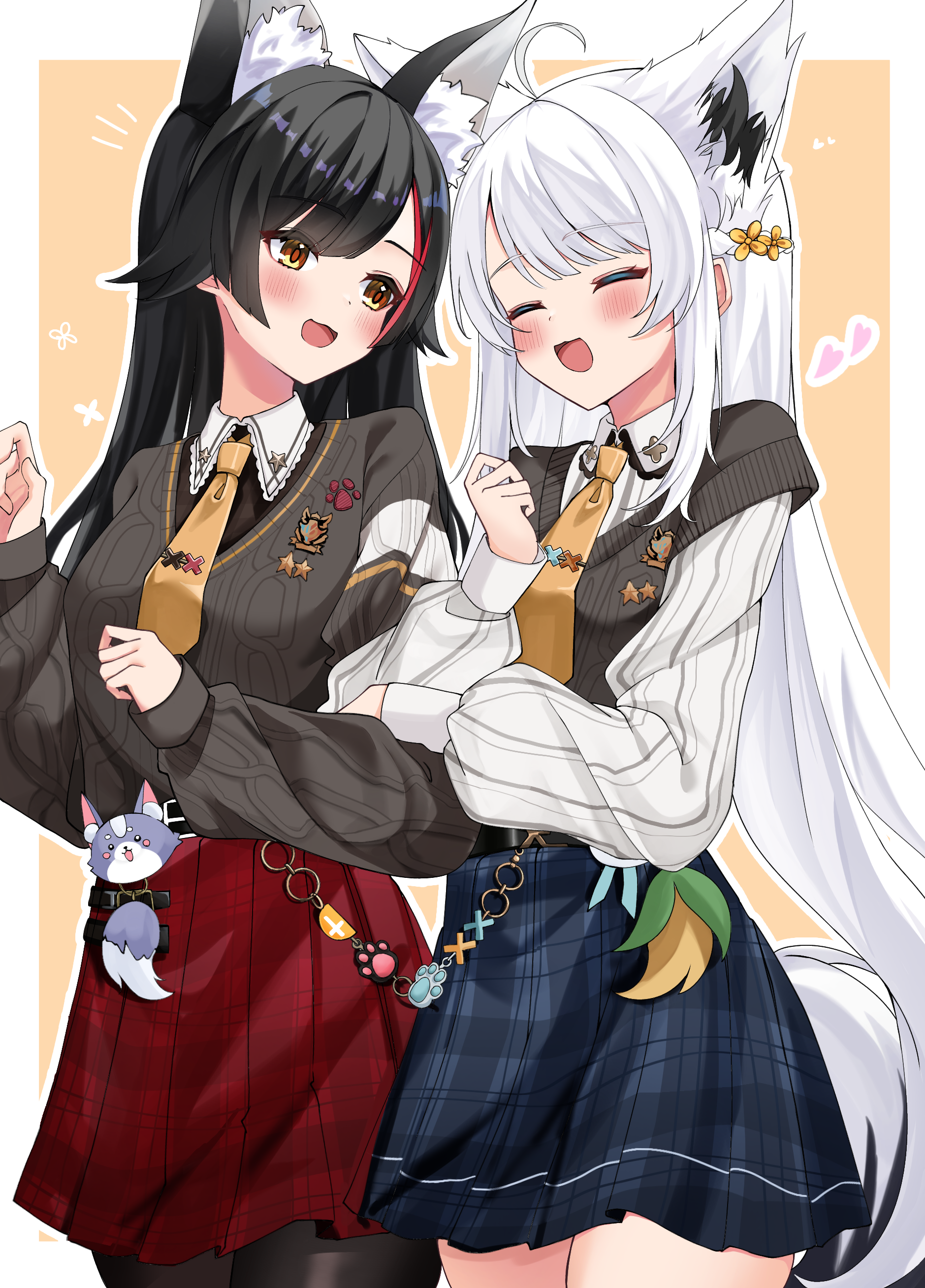choumiryou, miofa (ookami mio), ookami mio, ookami mio (10th costume), shirakami fubuki, shirakami fubuki (11th costume), hololive, absurdres, highres, 2girls, ahoge, animal ear fluff, animal ears, arm hug, black hair, black sweater, blue skirt, blush, collared shirt, fox ears, fox girl, fox tail, hug, long hair, long sleeves, looking at another, multiple girls, necktie, official alternate costume, official alternate hairstyle, open mouth, orange eyes, plaid clothes, plaid skirt, red hair, red skirt, shirt, skirt, smile, sweater, tail, very long hair, white hair, white shirt, white sweater, wolf ears, wolf girl, yellow necktie