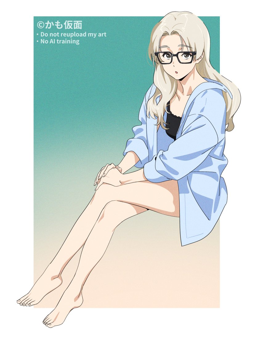 kamo kamen, original, 1girl, barefoot, black-framed eyewear, black tank top, blonde hair, blue shirt, border, collarbone, crossed legs, curtained hair, full body, glasses, grey eyes, hair over shoulder, hands on own knee, long hair, long legs, long sleeves, looking at viewer, m (kamo kamen), no pants, open mouth, shirt, simple background, sitting, sleeves rolled up, solo, tank top, white border