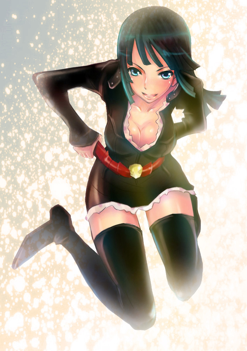 kio sayuki, nico robin, nico robin (water 7), one piece, bad id, bad pixiv id, highres, 1girl, black hair, blue eyes, blunt bangs, breasts, cleavage, enies lobby, female focus, full body, jacket, leather, leather jacket, solo, thighhighs, zettai ryouiki