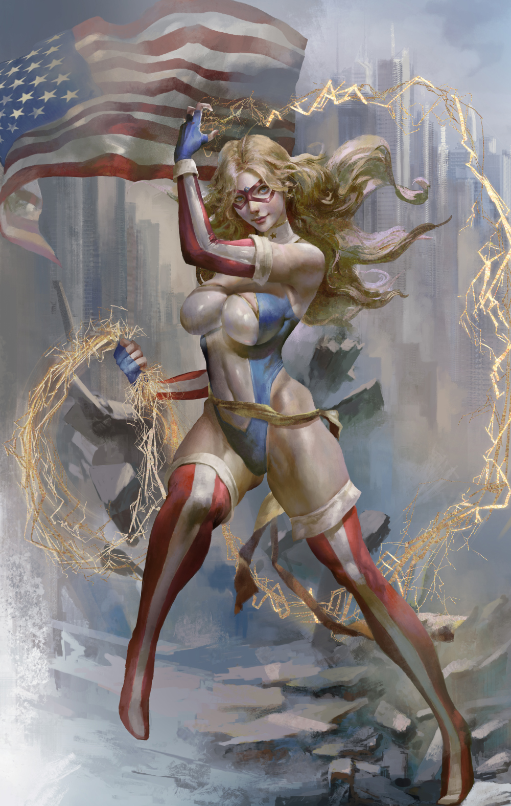 christian angel, kamen america, kamen america (comic), highres, 1girl, ahoge, american flag, american flag print, blonde hair, blue eyes, boots, breasts, city, cityscape, cleavage, closed mouth, clothing cutout, contrapposto, domino mask, earrings, elbow gloves, electricity, electrokinesis, eye mask, fingerless gloves, flag print, full body, gloves, gold bow, holding, jewelry, large breasts, long hair, looking at viewer, mask, patriotism, smile, solo, star (symbol), star cutout, star earrings, striped clothes, striped footwear, superhero costume, vertical-striped footwear
