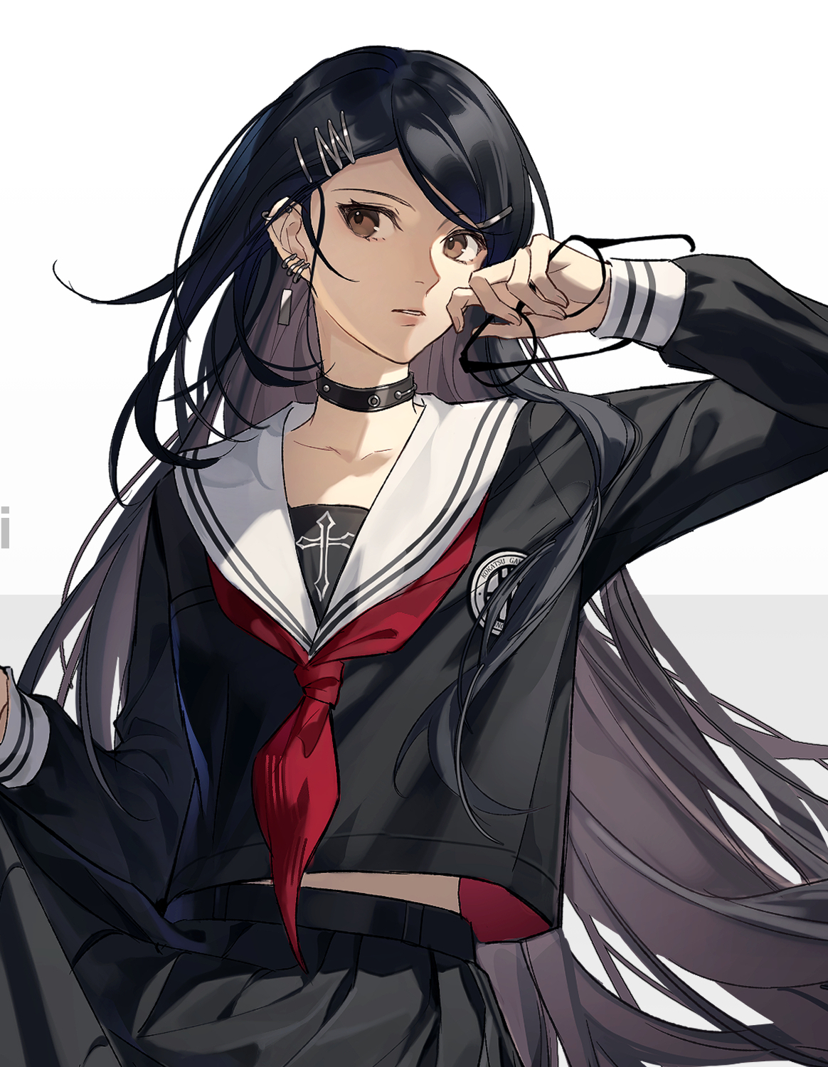 katayama kumi, persona, persona 5, persona 5: the phantom x, commentary, cropped, highres, 1girl, alternate costume, alternate hair length, alternate hairstyle, black-framed eyewear, black choker, black hair, black serafuku, black shirt, black skirt, brown eyes, choker, clothes lift, cross, earrings, floating hair, glasses, hair ornament, hairclip, holding, holding removed eyewear, iroin11, jewelry, long hair, long sleeves, looking to the side, necktie, parted lips, red necktie, sailor collar, school uniform, serafuku, shirt, skirt, skirt lift, solo, unworn eyewear, upper body, very long hair, white sailor collar