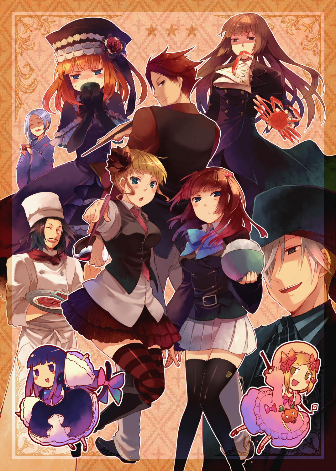 hanokage, amakusa juuza, beatrice (umineko), eva beatrice, frederica bernkastel, lambdadelta, ronove (umineko), spoo, sumadera kasumi, ushiromiya ange, ushiromiya battler, ushiromiya rosa, 07th expansion, no naku koro ni (series), okaasan to issho, umineko no naku koro ni, highres, 00s, 3boys, 6+girls, back, black thighhighs, blonde hair, blue eyes, blue hair, blush, brown eyes, brown hair, cat tail, chibi, closed eyes, dress, elbow gloves, facial hair, flower, food, frills, gloves, hair bobbles, hair ornament, hat, heart, hime cut, jacket, long hair, monocle, multiple boys, multiple girls, mustache, necktie, one eye closed, orange eyes, orange hair, pink hat, pink necktie, pumpkin, purple eyes, red hair, ribbon, rose, short hair, striped clothes, striped thighhighs, tail, thighhighs, twintails, white hair, wink