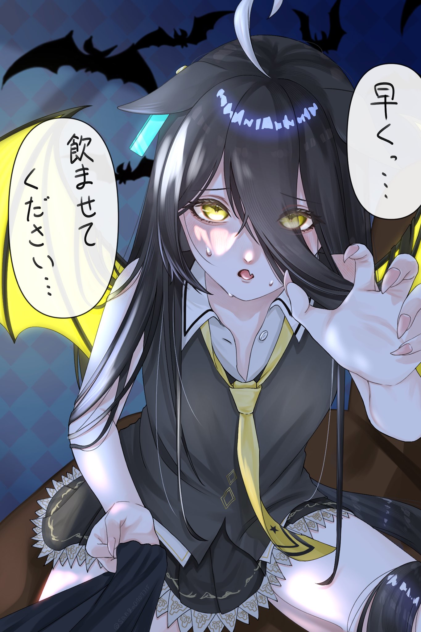 sango0707315, manhattan cafe (umamusume), umamusume, highres, translation request, variant set, 1girl, ahoge, animal ears, bat (animal), black skirt, black vest, clothes grab, ear ornament, ear tag, earrings, ears down, eyes visible through hair, fang, fingernails, furrowed brow, hair between eyes, hem peeking out, horse ears, horse girl, horse tail, jewelry, long bangs, long hair between eyes, loose necktie, multicolored hair, necktie, peeing, peeing on viewer, pleated skirt, reaching, reaching towards viewer, sharp fingernails, shirt, shirt grab, single earring, skin fang, skirt, sleeveless, sleeveless shirt, solo, speech bubble, sweatdrop, tail, vest, white hair, white shirt, yellow eyes, yellow necktie
