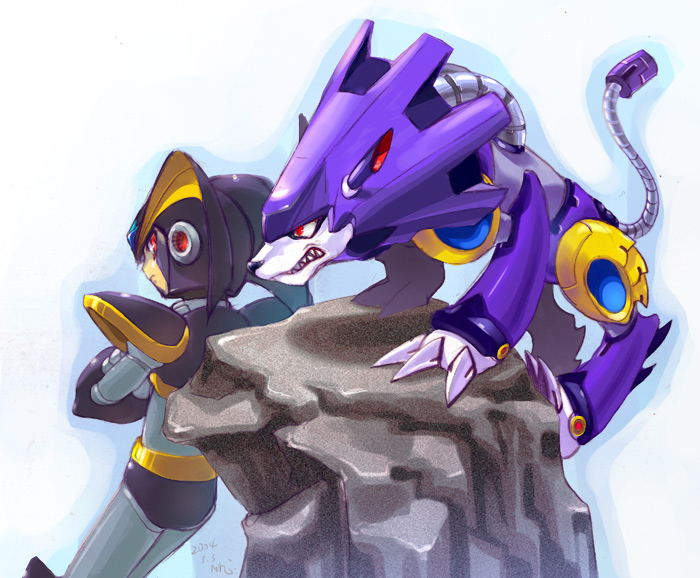 mri, bass (mega man), treble (mega man), capcom, mega man (classic), mega man (series), angry, crossed arms, looking back, red eyes, robot, teeth, wolf