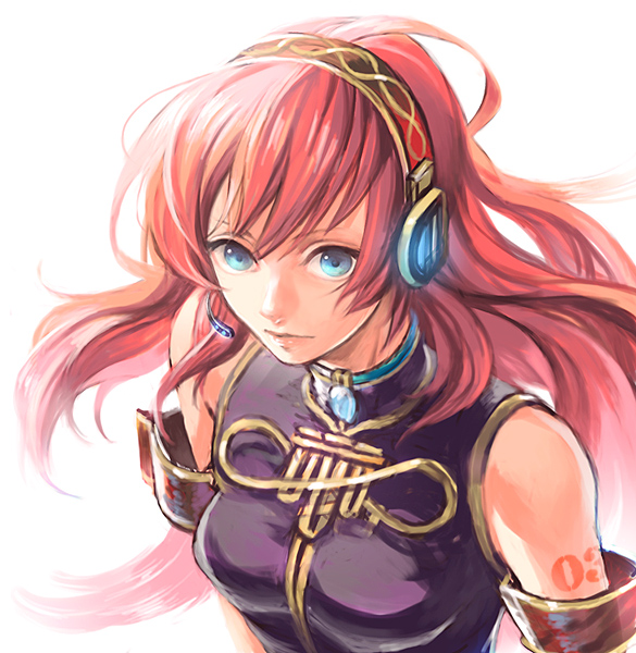 midori310, sasahara ami, megurine luka, vocaloid, 1girl, armband, bare shoulders, blue eyes, blue gemstone, breasts, brooch, closed mouth, female focus, from above, gem, glowing, hairband, headphones, headset, jewelry, light smile, lips, long hair, looking at viewer, medium breasts, neck, pink hair, simple background, solo, tattoo, upper body, white background