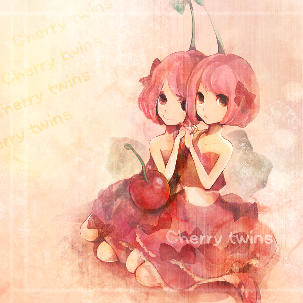 xxxxakixxxx, bad id, bad pixiv id, 2girls, cherry, dress, food, fruit, holding hands, midriff, multiple girls, personification, pink hair, red eyes, ribbon, siblings, sisters, smile, twins