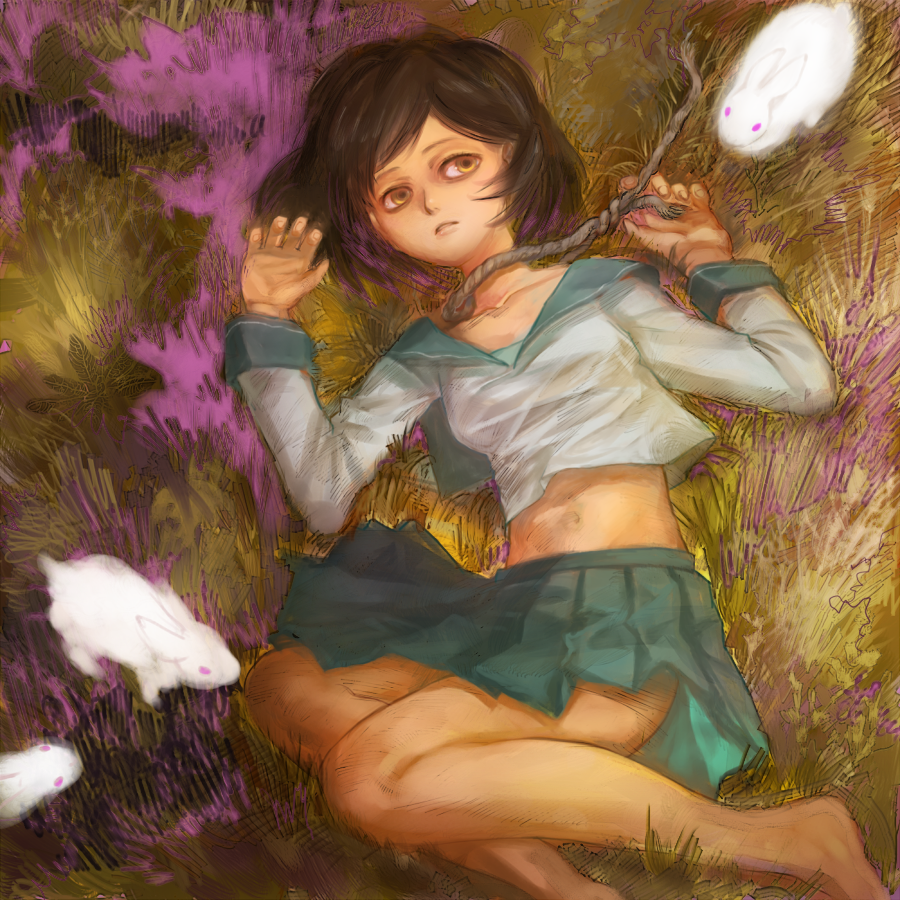 tonko, bad id, bad pixiv id, barefoot, brown hair, grass, midriff, noose, rabbit, rope, school uniform, solo, suicide, yellow eyes