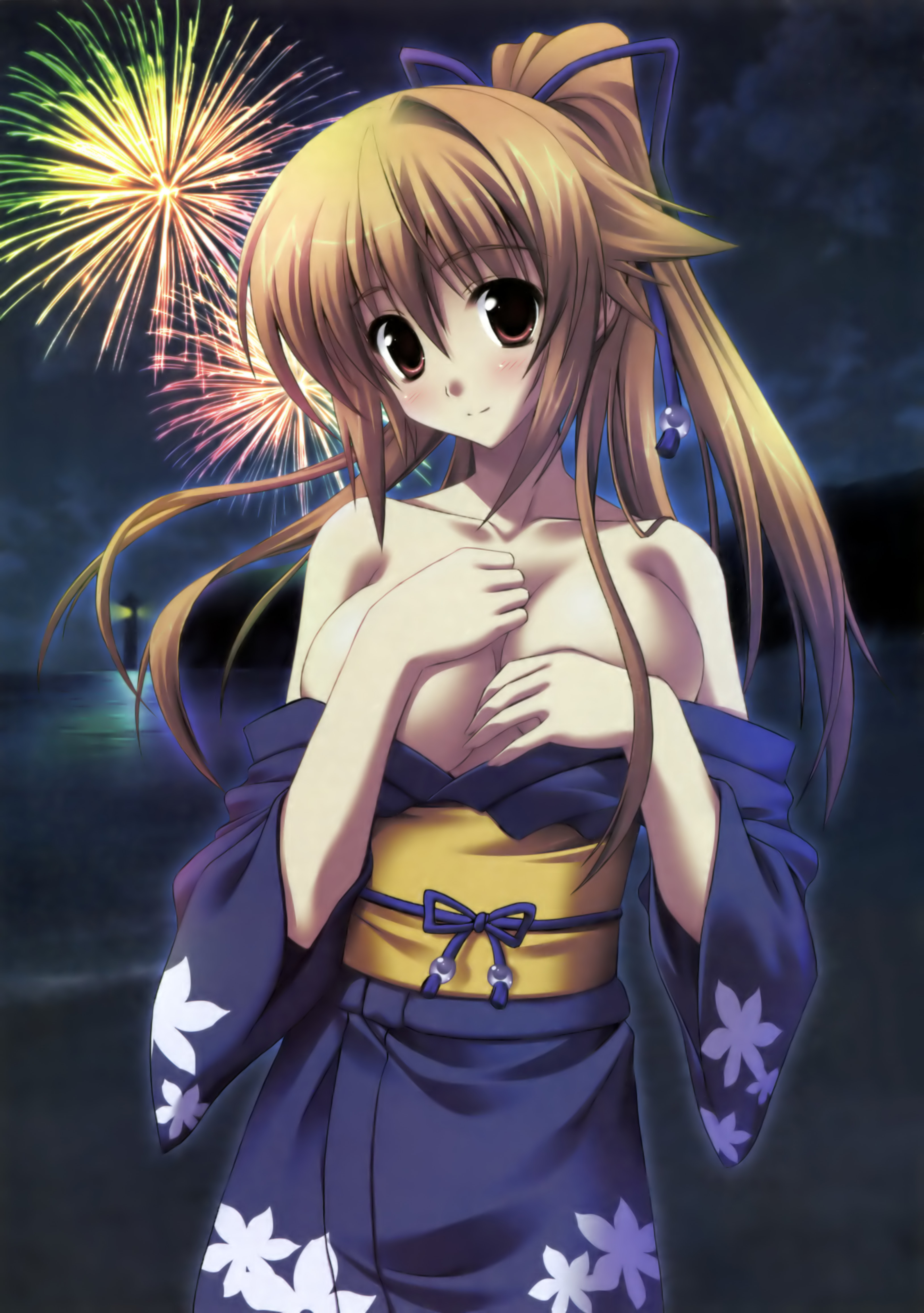 ruton-niki, kiryuu tsukasa (akane-iro ni somaru saka), akane-iro ni somaru saka, breast hold, absurdres, highres, non-web source, 1girl, aerial fireworks, blue kimono, breasts, brown eyes, brown hair, cleavage, covering breasts, covering privates, female focus, fireworks, japanese clothes, kimono, large breasts, long hair, ponytail, ribbon, solo, yukata