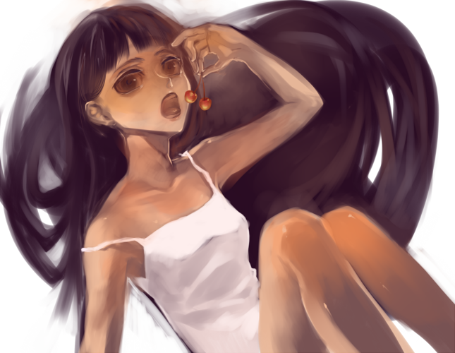 tonko, bad id, bad pixiv id, 1girl, armpits, black hair, brown eyes, cherry, dark-skinned female, dark skin, eating, female focus, food, fruit, holding, holding food, holding fruit, simple background, solo, tank top