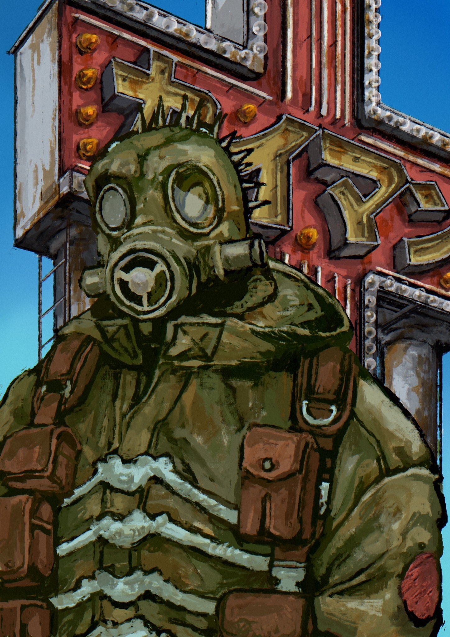 unc, caiman (dorohedoro), dorohedoro, commentary, highres, 1boy, blue sky, gas mask, head spikes, hood, hood down, lizardman, mask, reptile boy, sky, solo