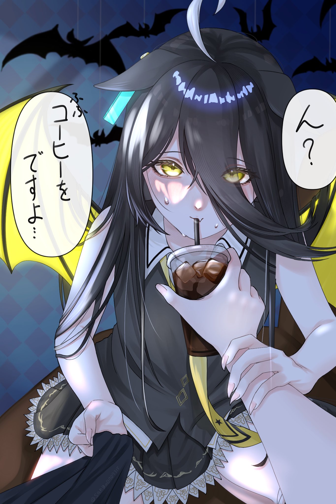 sango0707315, manhattan cafe (umamusume), umamusume, commentary request, highres, translation request, variant set, 1girl, ahoge, animal ears, bat (animal), black skirt, black vest, blush, clothes grab, coffee, cup, disposable cup, drinking, drinking straw, ear ornament, ear tag, earrings, ears down, eyes visible through hair, fang, fingernails, hair between eyes, hem peeking out, horse ears, horse girl, horse tail, iced coffee, jewelry, long bangs, long hair between eyes, loose necktie, multicolored hair, necktie, peeing, peeing on viewer, pleated skirt, sharp fingernails, shirt, shirt grab, single earring, skin fang, skirt, sleeveless, sleeveless shirt, solo, speech bubble, sweatdrop, tail, vest, white hair, white shirt, yellow eyes, yellow necktie