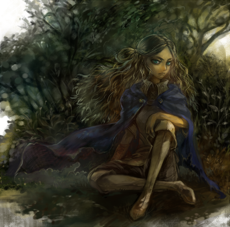 tonko, armor, blonde hair, boots, cape, green eyes, nature, pants, sitting, solo, tree