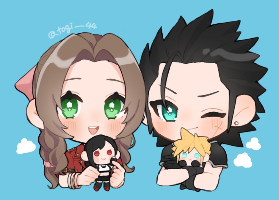 aerith gainsborough, cloud strife, tifa lockhart, zack fair, final fantasy, final fantasy vii, final fantasy vii rebirth, final fantasy vii remake, commentary request, 1boy, 1girl, armor, black gloves, black hair, blonde hair, blue background, blue eyes, blush, bracelet, braid, braided ponytail, brown hair, character doll, closed mouth, cropped torso, doll, earrings, gloves, green eyes, holding, holding doll, jacket, jewelry, looking at viewer, one eye closed, open mouth, parted bangs, red eyes, red jacket, shoulder armor, simple background, smile, spiked hair, stud earrings, togi 44, twitter username, upper body