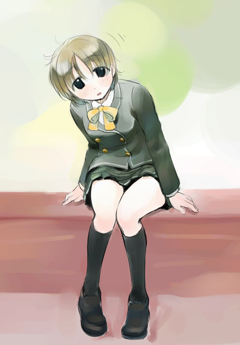 ikeda jun (mizutamari), original, bench, kneehighs, school uniform, short hair, sitting, socks, solo