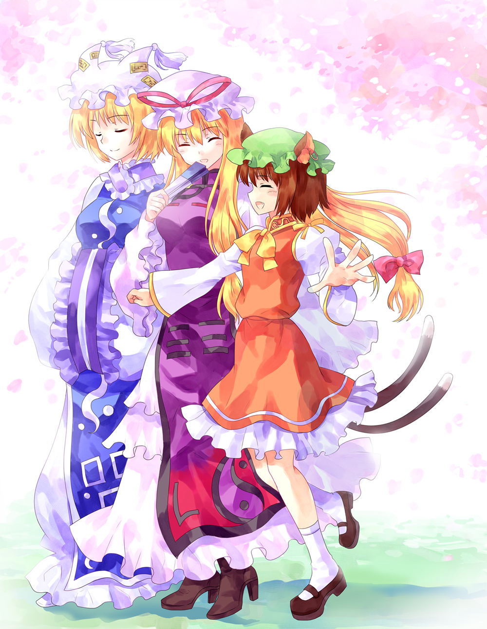 pico (picollector79), chen, yakumo ran, yakumo yukari, touhou, bad id, bad pixiv id, highres, 3girls, animal ears, animal hat, blonde hair, brown hair, cat ears, cat girl, cat tail, closed eyes, earrings, fang, female focus, hat, jewelry, long hair, long sleeves, mob cap, multiple girls, multiple tails, open mouth, ribbon, shoes, short hair, socks, tail, tassel, wide sleeves