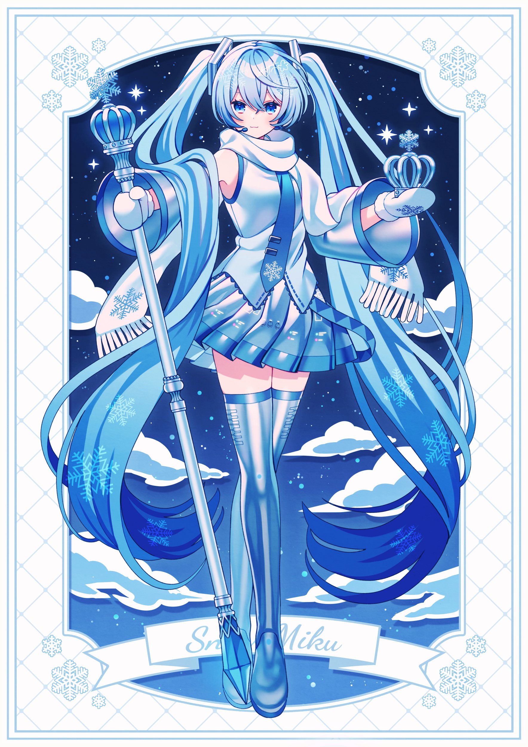 amagi hana, hatsune miku, yuki miku, yuki miku (2011), vocaloid, absurdres, highres, 1girl, aqua hair, blue eyes, blue hair, blue trim, blush, boots, breasts, character name, closed mouth, crown, detached sleeves, gradient hair, hair between eyes, hair ornament, headset, holding, holding scepter, long hair, long sleeves, looking at viewer, medium breasts, mittens, multicolored hair, official alternate costume, scarf, scepter, shirt, sleeveless, sleeveless shirt, smile, snowflakes, solo, thigh boots, thighhighs, twintails, very long hair, white mittens, white scarf, white shirt, zettai ryouiki