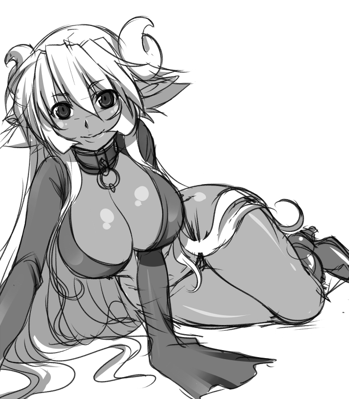 695 (mukuko), bad id, bad pixiv id, 1girl, breasts, dark-skinned female, dark skin, demon girl, female focus, greyscale, horns, huge breasts, monochrome, sketch, solo