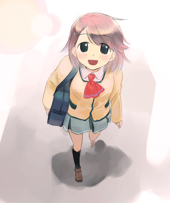 ikeda jun (mizutamari), original, backpack, bag, from above, kneehighs, looking up, randoseru, school uniform, short hair, smile, socks, solo
