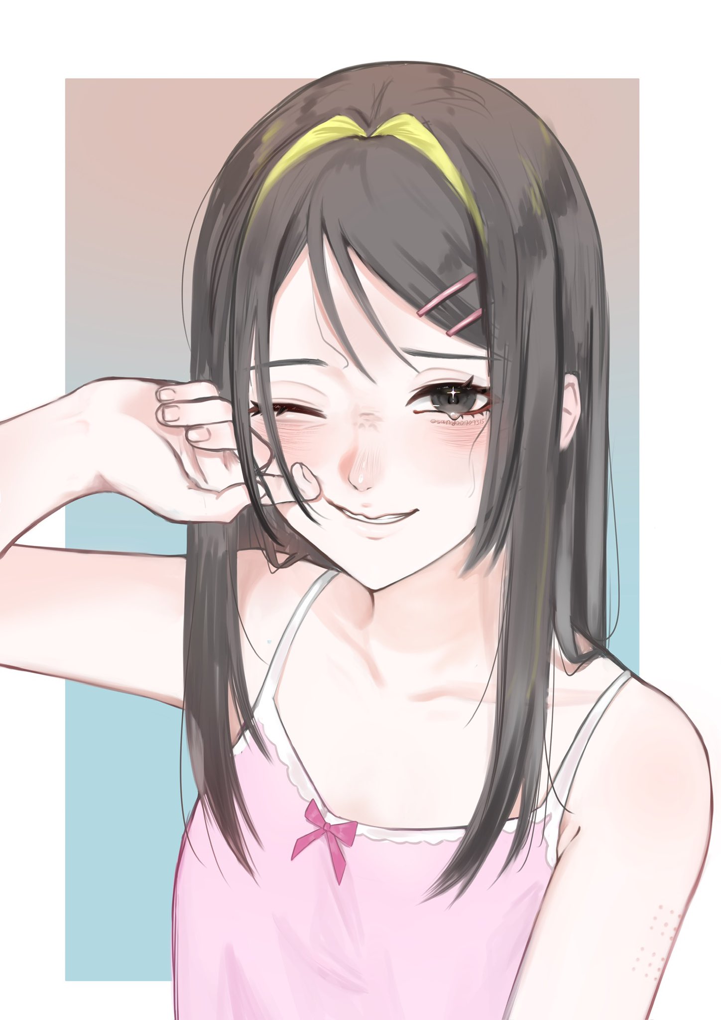 sango0707315, original, highres, 1girl, bare shoulders, black hair, blonde hair, blush, cardigan, colored inner hair, grin, hair intakes, hair ornament, hairclip, hand on own face, hand up, long hair, multicolored hair, parted bangs, parted lips, pink cardigan, smile, solo, spaghetti strap, tearing up, vaccine scar