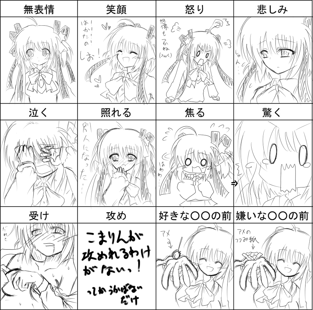 ototachibana rai, otsutachibana kaminari, kamikita komari, little busters!, translation request, 1girl, chart, greyscale, monochrome, multiple expressions, multiple views, sketch