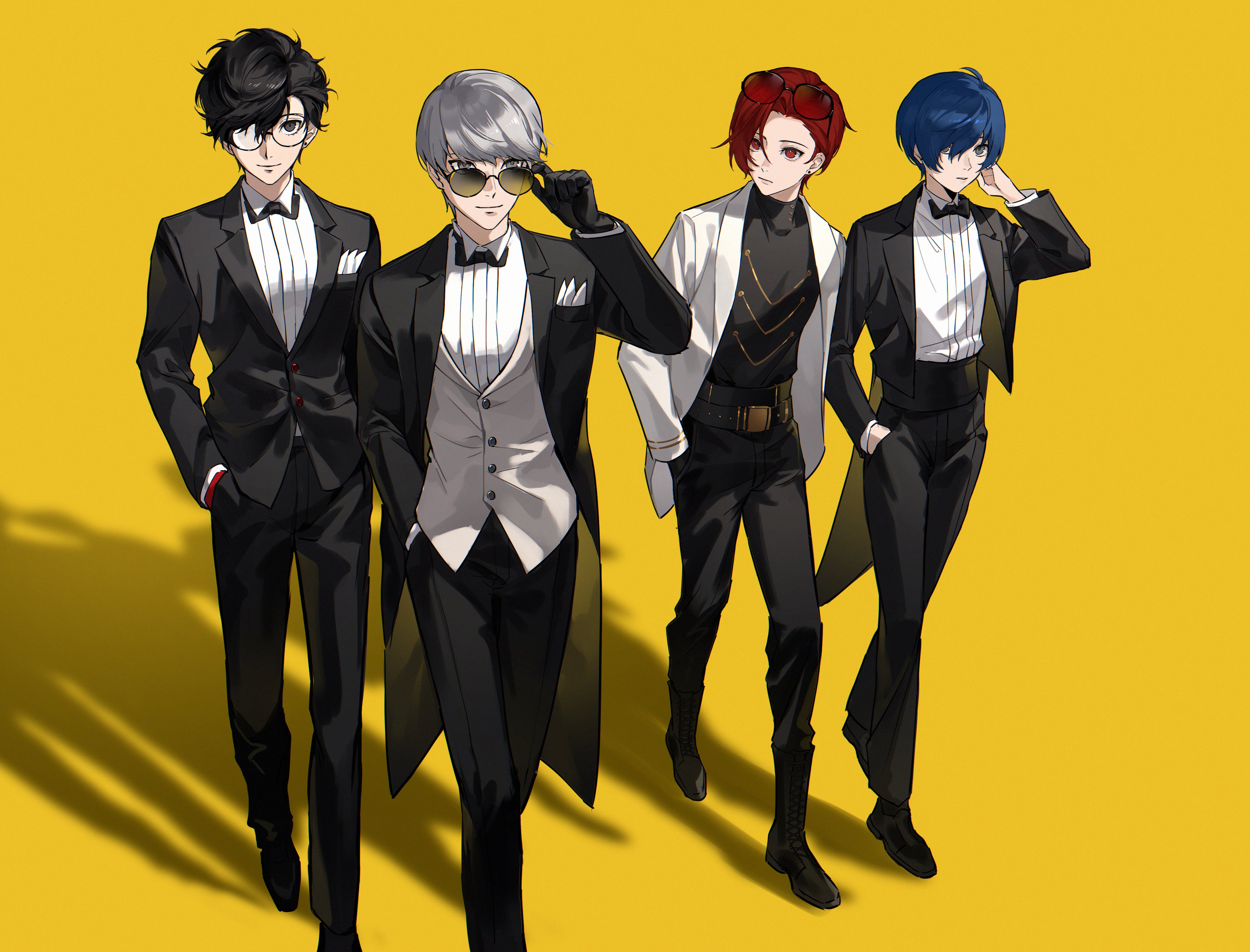 amamiya ren, narukami yu, yuuki makoto (persona 3), persona, persona 3, persona 4, persona 5, persona 5: the phantom x, absurdres, commentary request, highres, 4boys, adjusting eyewear, belt, black-framed eyewear, black belt, black coat, black hair, black jacket, black pants, black shirt, black shoes, black suit, blue eyes, blue hair, closed mouth, coat, eyewear on head, foot out of frame, formal clothes, full body, glasses, grey eyes, grey hair, hand in pocket, hand on eyewear, hand up, hands in pockets, iroin11, jacket, kamishiro nagisa, looking ahead, looking at another, looking at viewer, male focus, multiple boys, open clothes, open jacket, pants, red-tinted eyewear, red eyes, red hair, shadow, shirt, shoes, short hair, simple background, smile, suit, sunglasses, tinted eyewear, vest, walking, white jacket, white shirt, white vest, yellow background