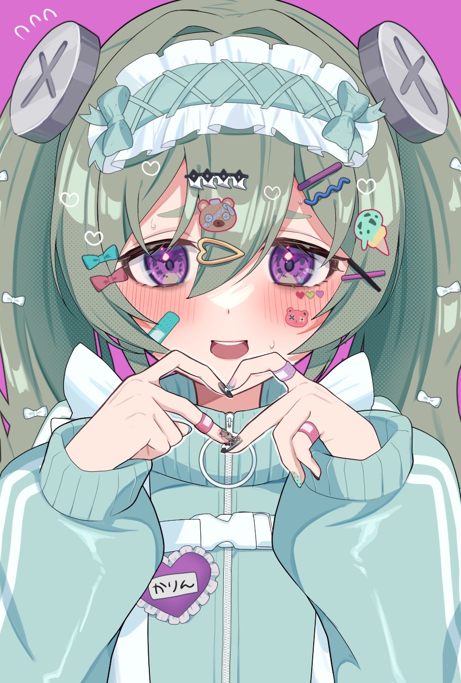 ruaruayana, corin wickes, zenless zone zero, commentary, highres, symbol-only commentary, 1girl, bandaid, bandaid on face, bandaid on finger, bandaid on hand, blush, bow, four-finger heart hands, green hair, green jacket, hair between eyes, hair bow, hair ornament, hairclip, headband, heart, heart hands, jacket, lapel pin, long hair, multicolored nails, multiple hair clips, nail polish, open mouth, purple background, purple eyes, screw hair ornament, solo, sweat, teeth, tongue, twintails, upper body, upper teeth only, white headband, zipper, zipper pull tab
