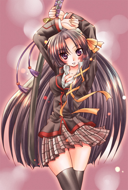 hashi moto, kurugaya yuiko, little busters!, 1girl, black thighhighs, breasts, cleavage, female focus, medium breasts, solo, thighhighs, zettai ryouiki