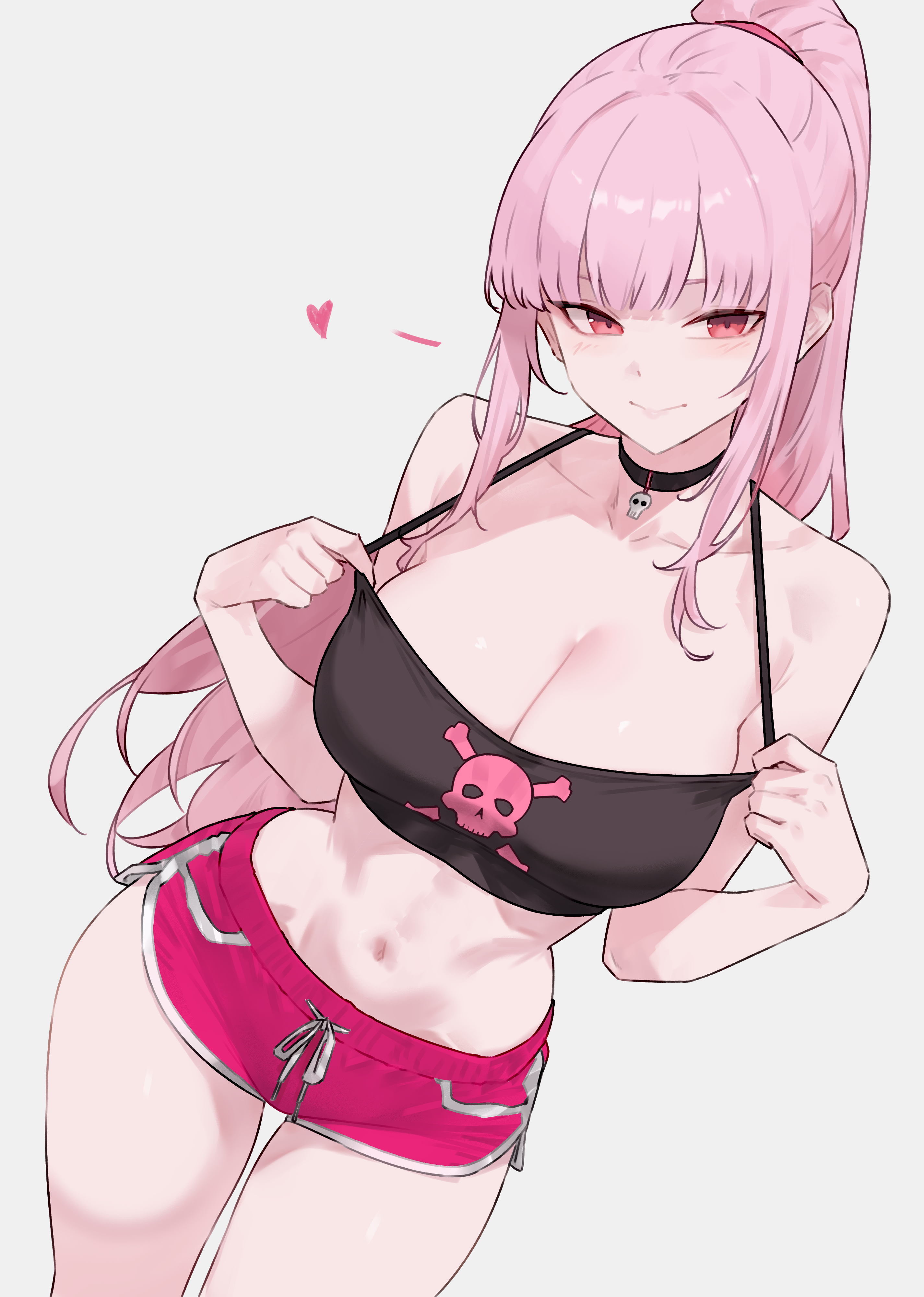 bluefield, mori calliope, hololive, hololive english, absurdres, highres, 1girl, alternate costume, black choker, breasts, choker, cleavage, collarbone, dolphin shorts, heart, large breasts, long hair, looking at viewer, midriff, navel, pink hair, pink shorts, ponytail, red eyes, shorts, skull ornament, smile, solo, stomach, virtual youtuber