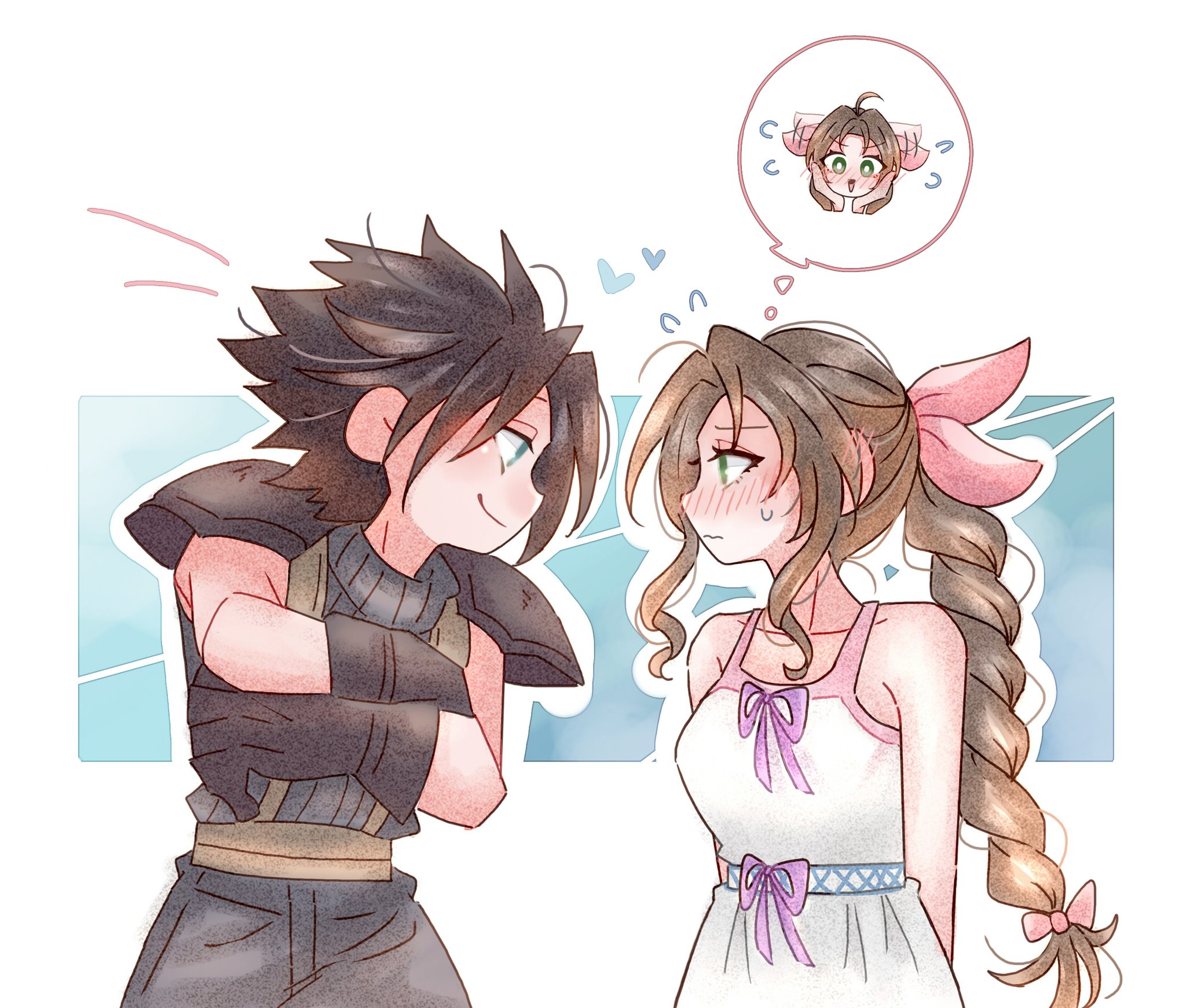 7 (milu577610), aerith gainsborough, zack fair, crisis core final fantasy vii, final fantasy, final fantasy vii, commentary, highres, symbol-only commentary, 1boy, 1girl, armor, arms behind back, bare shoulders, black gloves, black hair, blue eyes, blush, brown hair, couple, cowboy shot, crossed arms, dress, flying sweatdrops, gloves, green eyes, hair ribbon, heart, long hair, looking at another, nervous sweating, pink ribbon, ribbed sweater, ribbon, shoulder armor, simple background, sleeveless, sleeveless turtleneck, smile, speech bubble, spiked hair, sweat, sweatdrop, sweater, thought bubble, turtleneck, turtleneck sweater, white dress