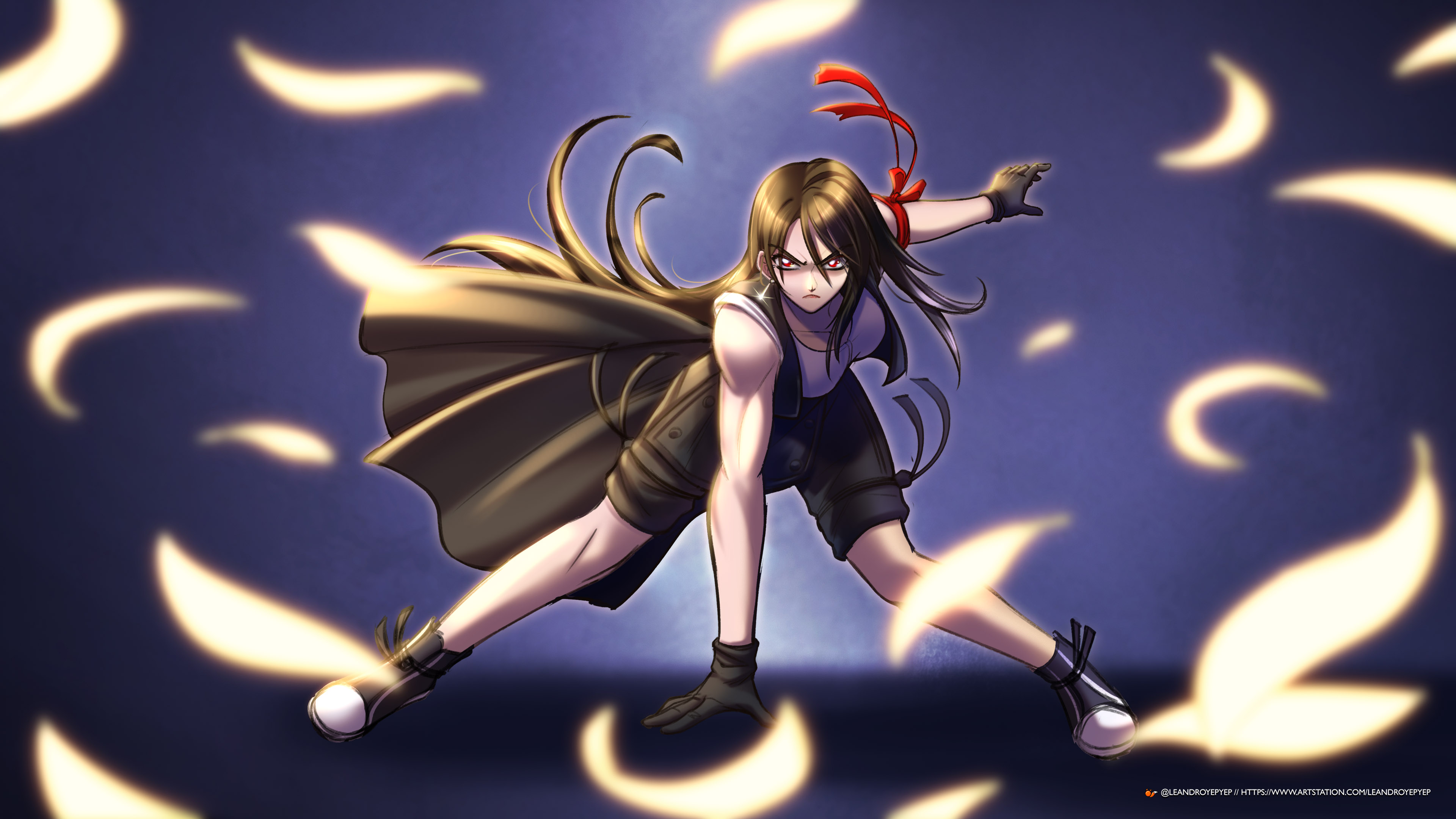 leandroyepyep, tifa lockhart, final fantasy, final fantasy vii, final fantasy vii advent children, absurdres, commentary, english commentary, highres, 1girl, apron, arm ribbon, arm support, black apron, black gloves, black hair, black shorts, black vest, breasts, closed mouth, earrings, falling petals, fighting stance, floating clothes, floating hair, full body, gloves, gradient background, hand on ground, jewelry, large breasts, long hair, looking at viewer, open clothes, open vest, petals, red eyes, red ribbon, ribbon, serious, shorts, solo, tank top, toned, toned female, vest, waist apron, white tank top, yellow petals