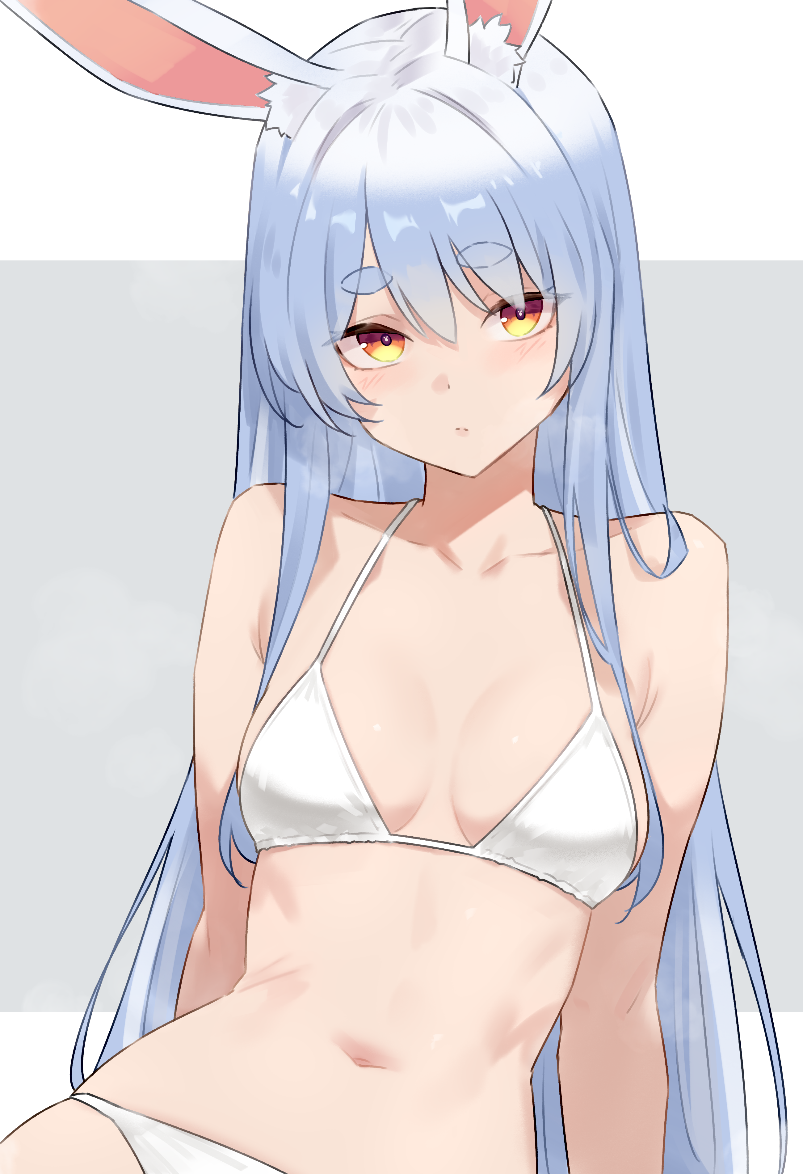 bluefield, usada pekora, hololive, absurdres, commentary, highres, 1girl, alternate costume, animal ear fluff, animal ears, bikini, blue hair, breasts, cleavage, extra ears, halterneck, hikimayu, long hair, looking at viewer, navel, orange eyes, rabbit-shaped pupils, rabbit ears, rabbit girl, short eyebrows, simple background, small breasts, solo, stomach, string bikini, swimsuit, symbol-shaped pupils, thick eyebrows, two-tone background, virtual youtuber, white bikini