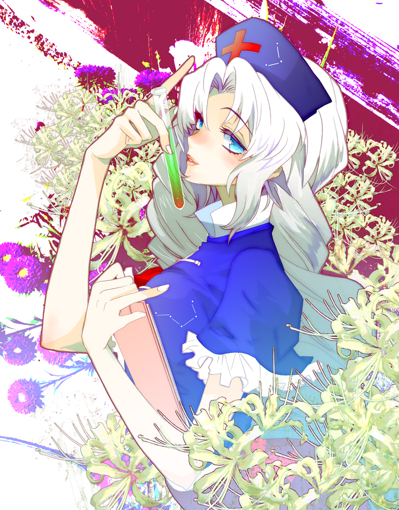 niboshi (iemizu), niboshi (pixiv89893), yagokoro eirin, touhou, silver hair, 1girl, blue eyes, female focus, flower, hat, solo