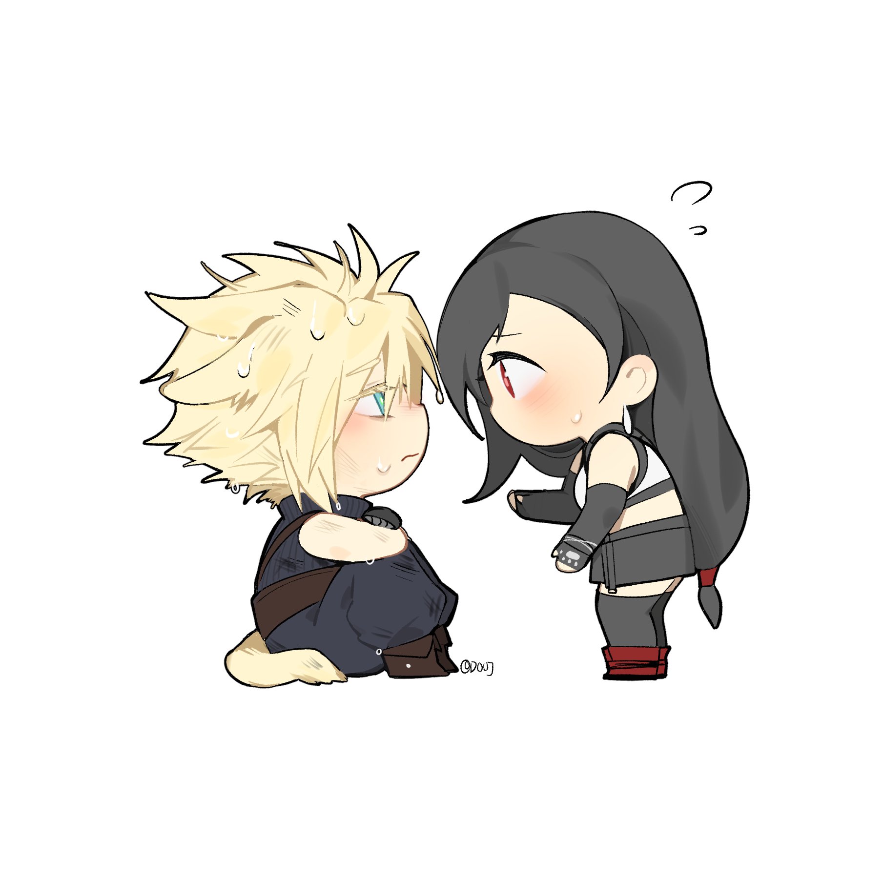 duoj ji, cloud strife, tifa lockhart, final fantasy, final fantasy vii, final fantasy vii ever crisis, final fantasy vii remake, commentary, english commentary, highres, 1boy, 1girl, animal ears, bare shoulders, black gloves, black thighhighs, blonde hair, blue eyes, blue pants, blue sweater, blush, boots, bruise, bruise on arm, closed mouth, crop top, dog ears, dog tail, earrings, elbow gloves, fingerless gloves, flying sweatdrops, from side, full body, gloves, injury, jewelry, knees up, long hair, looking at another, low-tied long hair, pants, profile, red boots, red eyes, simple background, single earring, sitting, sleeveless, sleeveless turtleneck, spiked hair, standing, sweatdrop, sweater, tail, tank top, teardrop earrings, thighhighs, turtleneck, turtleneck sweater, twitter username, wet, wet hair, white background, white tank top, zettai ryouiki