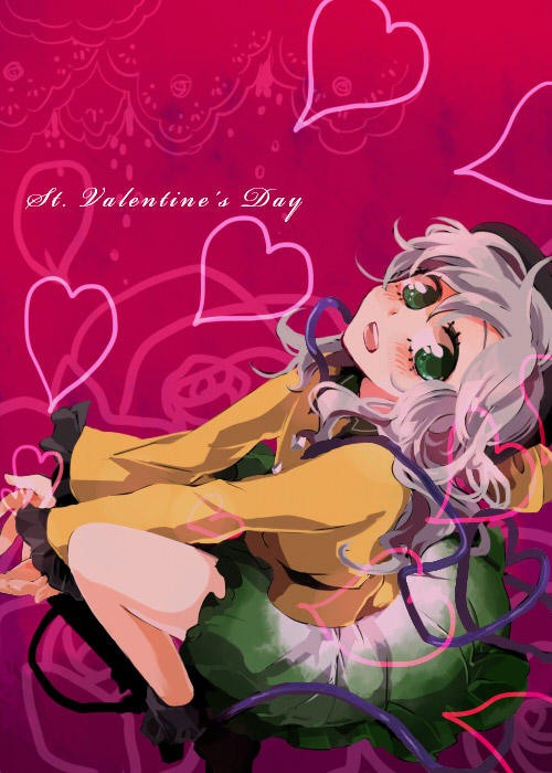 popoin, komeiji koishi, touhou, bad id, bad pixiv id, 1girl, blush, female focus, gradient background, green eyes, hat, heart, short hair, skirt, solo, valentine, white hair