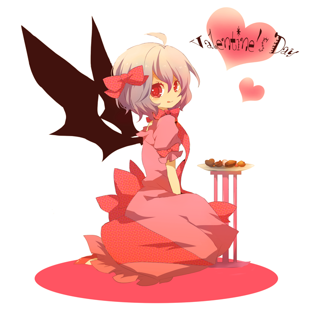 shichi, remilia scarlet, touhou, bad id, bad pixiv id, 1girl, bat wings, blue hair, female focus, food, full body, red eyes, ribbon, short hair, sitting, solo, valentine, white background, wings