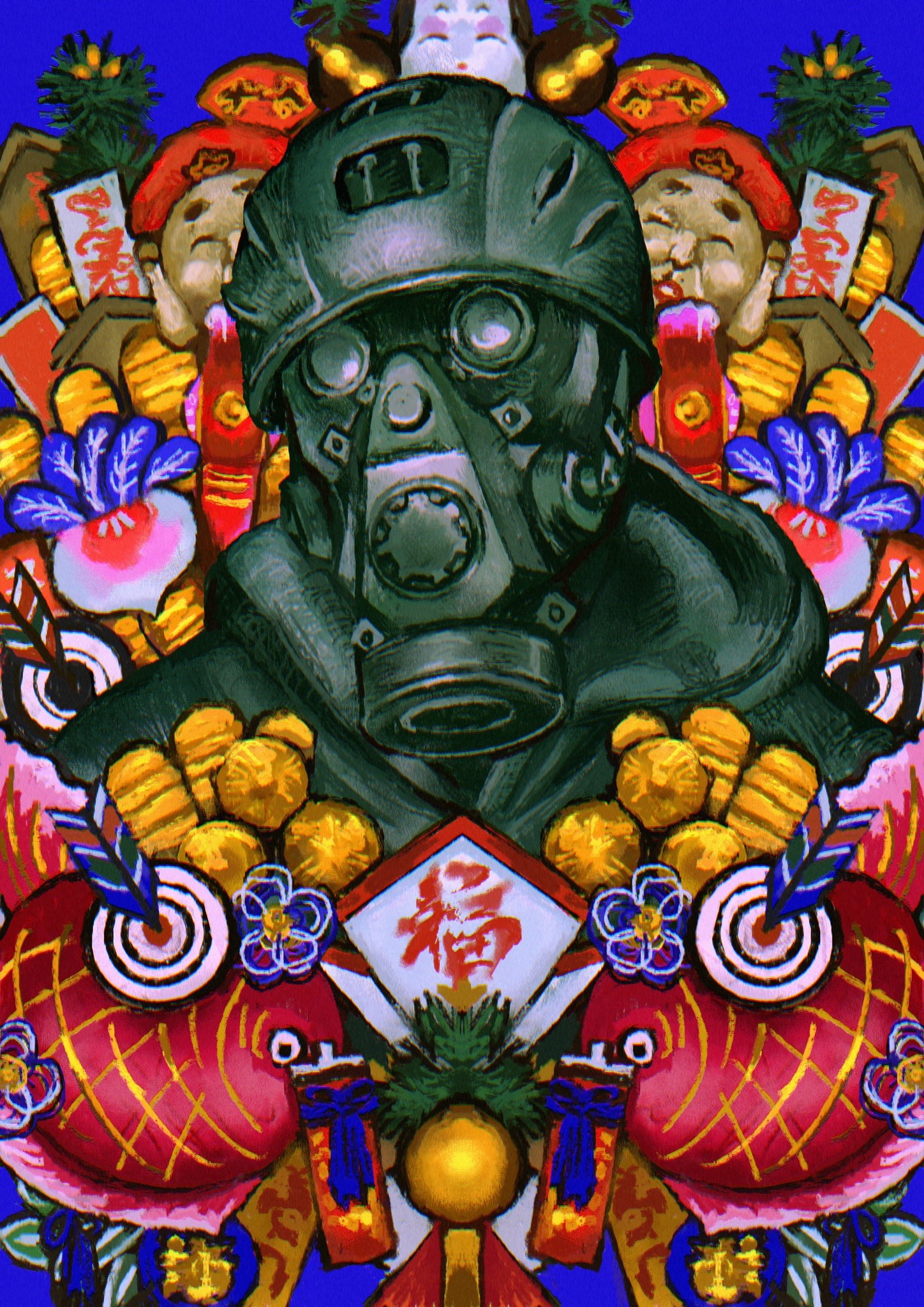 unc, aikawa (dorohedoro), dorohedoro, commentary, highres, 1boy, arrow (projectile), backwards hat, baseball cap, blue background, hat, hood, hood down, radish, solo